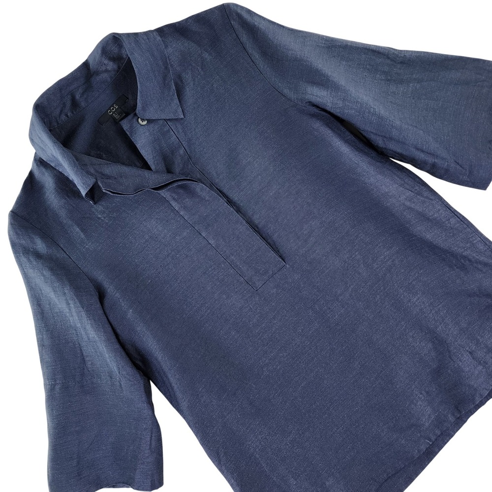 COS Popover Blouse Womens 4 Navy Blue Relaxed Fit Linen Blend
